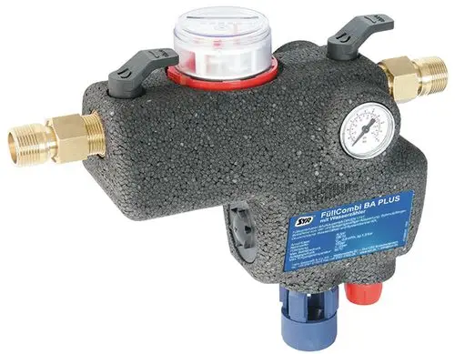 Wasserzählerventil von Syr in kompakter Bauform mit einem Durchmesser von DN 20. An den Seiten befinden sich Absperrhähne sowie ein Druckmanometer.